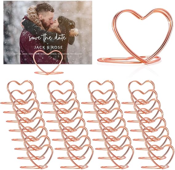 CUNGLIN Gold Table Number Place Card Holders 32 PCS, Heart Shape Photo Card Stand Business Card Card Holders for Wedding Party Mini PhotoPlaying Cards Holder Picture Menu Memo Christmas Card Clips