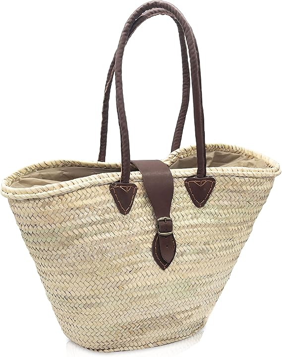 Generic French Basket Straw Bag, Brown, Women's Tote Handbag, 35cm H x 55cm L x 30cm W, Handcrafted, Leather Handles, Palm Leaf Body, Belt Closure