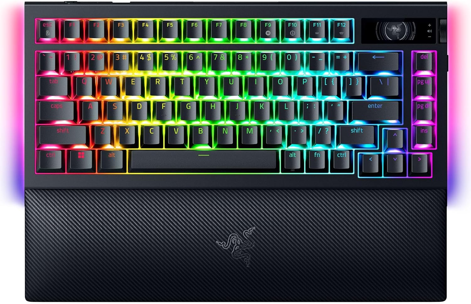 Razer BlackWidow V4 Pro%75 - Kablosuz çalışırken değiştirilebilir oyun klavyesi - OLED ekran komut kadranı, 4K Hz ve Bluetooth bağlantısı, manyetik avuç içi desteği ABD düzeni | Siyah