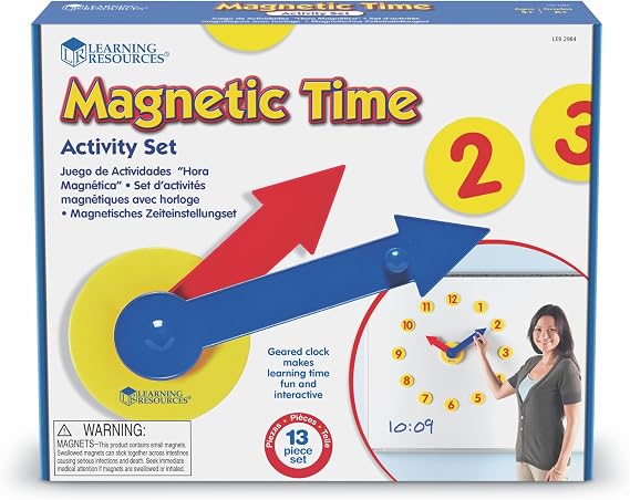Learning Resources Magnetic Time Activity Set, Homeschool, Time Telling, Basic Math Skills, Giant Demo Clock, Whiteboard Accessories, Grades K+