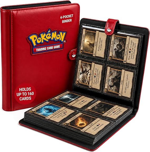 Ultra Pro Premium 4 Pocket Pokemon Binder Pokemon Card Binder with 20 Side-Loading Pages & Holds up to 160 Cards Acid-Free & Non-PVC Snap Closure, Black Backing & Red Padded Leatherette Cover