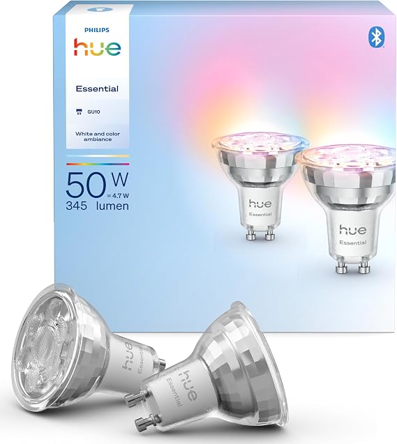 Philips Hue Essential 4.7W GU10 345 Lumen Renkli Akıllı Spot Ampul (2'li Ekopaket) - 15.000 Saat Ampul Kullanım Ömrü [Enerji Sınıfı F]
