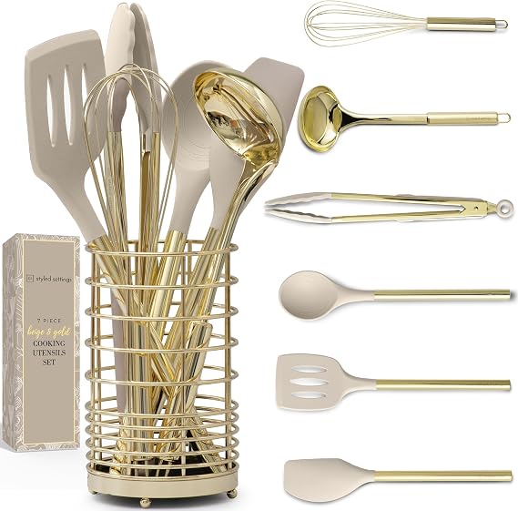 Styled Settings Beige & Gold Kitchen Utensils Set, 7-Piece