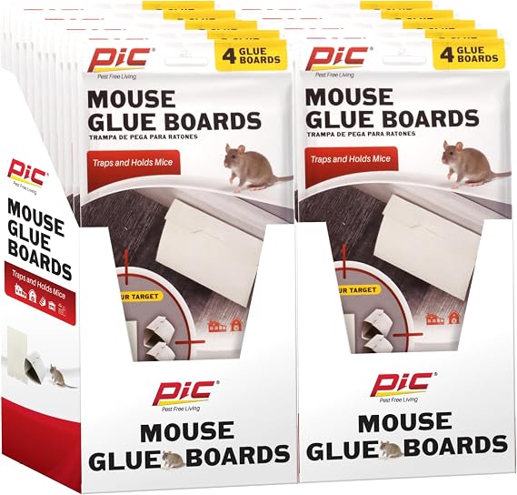PIC Super Strong Glue Mouse Traps, 12 Pack (48 Traps Total), Quick & Easy to Use, No-Mess, No Poison Disposable Indoor & Outdoor Sticky Rodent Catcher