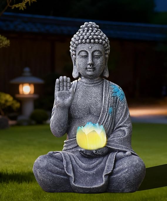 Solar Buddha Garden Statue Decor: Sitting Figurine with Lotus Light | 10.6-Inch Grey Zen Sculpture, Patio Lawn Yard Porch Balcony Meditation Space Decorations