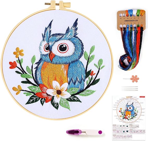 KESTAR Embroidery Starter Kit, Owl Flower Embroidery Kit for Adults Beginners, Cross Stitch Kits with Embroidery Cloth Hoops Needles Instruction and Threader