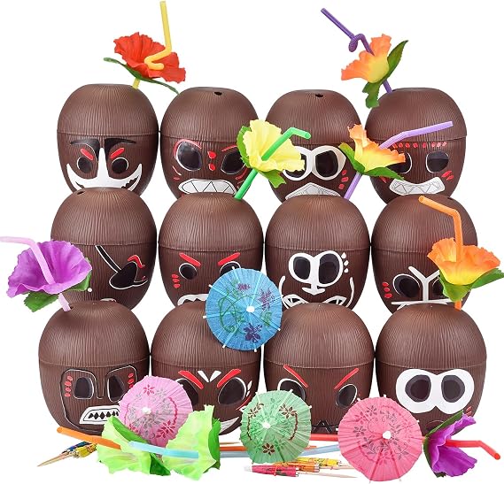 NINU 12 Pack Coconut Cups with 12 Straws 12 Cocktail Drink Picks and 12 stickers, DIY Tropical Hawaiian Luau Tiki and Beach Party Decorations for Adults
