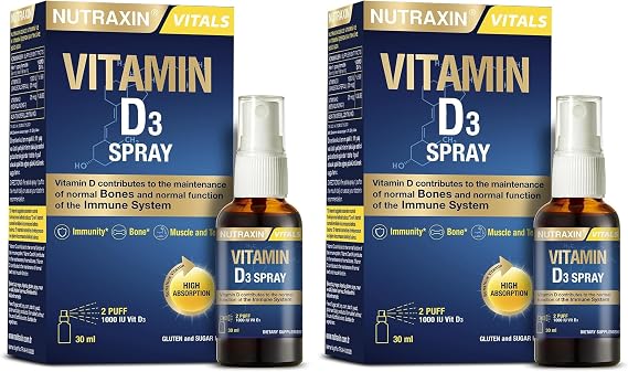Nutraxin Vitamin D3 Spray | 1000 IU D3 Vitamini | Bağışıklık ve Kemik Sağlığı Desteği | Şeker ve Gluten İçermez | 30 ml Sprey Form (2 paketi)