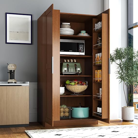 22 in Deep Kitchen Pantry Storage Cabinet with Doors and Shelves Wood Grain