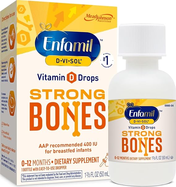 Enfamil Baby Vitamin D-Vi-Sol Liquid Supplement Drops for Infants, Supporting Strong Teeth & Bones in Newborn Babies, Easy-to-Use, Gluten-Free, 50 Day Supply, Dropper Bottle