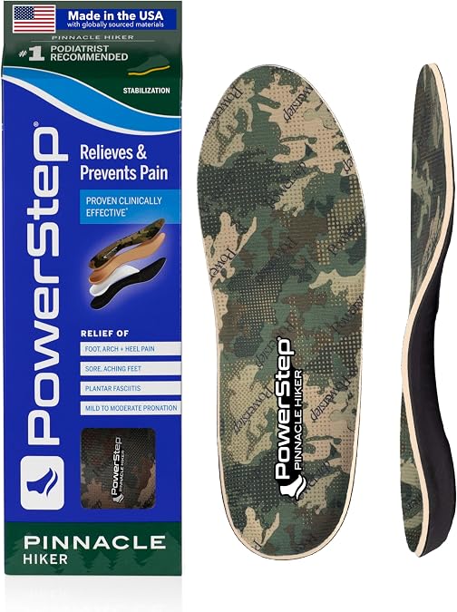 PowerStep Pinnacle Hiker Orthotic Insoles, Arch Support for Hiking Boots, Plantar Fasciitis Pain Relief, Mild Pronation, Maximum Cushion, Unisex, Made in The USA