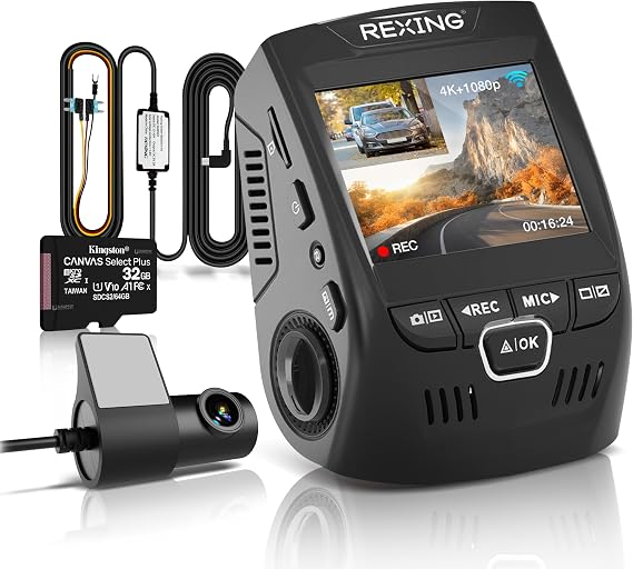 RexingUSA V1P 4K Dual Dash Cam, 4K+1080P Front & Rear, Wi-Fi, 2.4 LCD, 170 Wide Angle, Supercapacitor, G-Sensor, WDR, Loop Recording, App, 32GB Card & Hardwire Kit