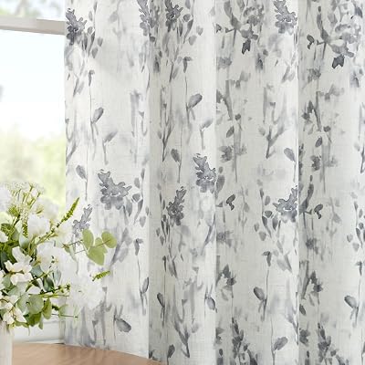 Natural Farmhouse Floral Linen Curtains for Living Room Cream Beige Pattern Sheer Curtain 84 Inches Long Lilac Printed Flower Window Curtain Watercolor Cottage Garden Vintage Neutral Drapes Grommet