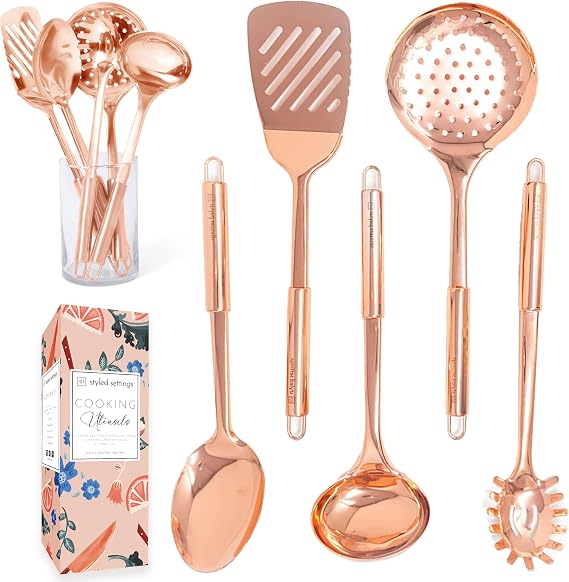 Styled Settings Copper Kitchen Utensils Set, 5-Piece | Copper Kitchen Accessories Includes Stainless Steel Ladle, Spoon, Pasta Fork, Spatula, and Skimmer - Unique Kitchen Gifts