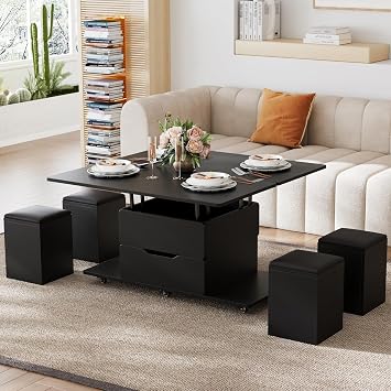 homary Coffee Table with Stools, Black 3-in-1 Modern Lift-Top Folding Center Table with Hidden Storage, Casters, and Lockable Wheels C Convertible Dining & Office Table for Living Room