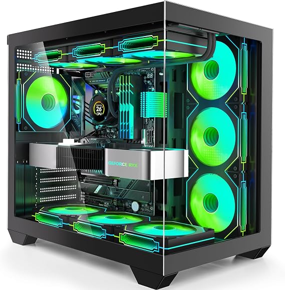 Gaming PC Case, ATX Cpmputer CASE with 7 PWM ARGB Fans Pre-Installed,Type-C Full-View Dual Tempered Glass, Mid Tower Computer CASE Black, (H4)