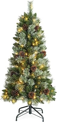 4 Ft Prelit Christmas Tree, Artificial Pencil Christmas Tree with 150 LED Lights, Pine Needles and Pine Cones Xmas Decoration for Home