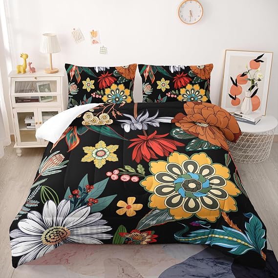 3 Pieces Colorful Floral Comforter Set,Bohemian Botanical Bedding Set Twin Size,Boho Farmhouse Flower Leaves Printed on Black Design,All Season Lightweight Soft Microfiber Bedding with 2 Pillow Shams