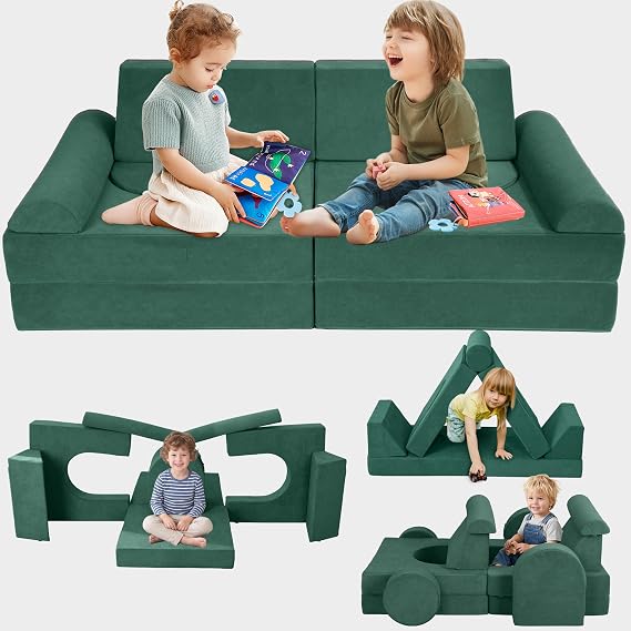 12Pcs Midular Kids Play Couch, Convertible Toddler Couch, Green