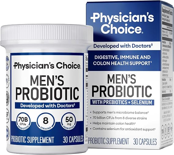 Physician's Choice Probiotics for Men - 70 Billion CFU - 8 Strains - w/Selenium & Organic Prebiotics - Supports Digestive Health, Microbiome, Colon, Immune Health - Advanced Men's Probiotic - 30ct
