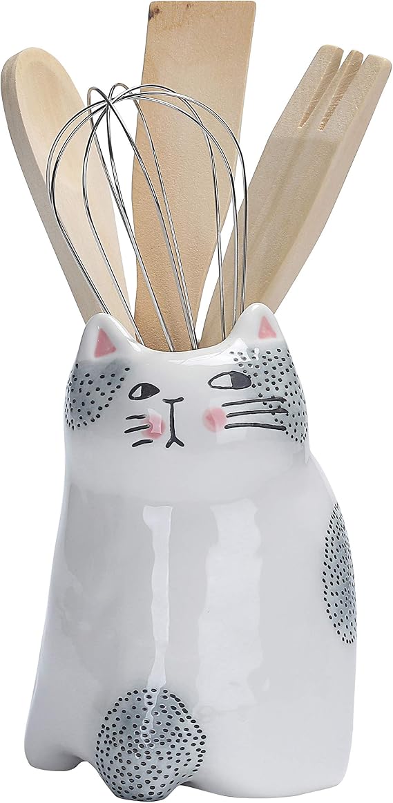 Bico Cartoon Cat Utensil Holder, Handpainted Stoneware, Dishwasher Safe