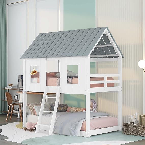 Bellemave House Bunk Beds, Twin Over Twin Bunk Bed Frame Low Bunk Bed Wood Fun Bed for Kids Toddlers Boys Girls, White