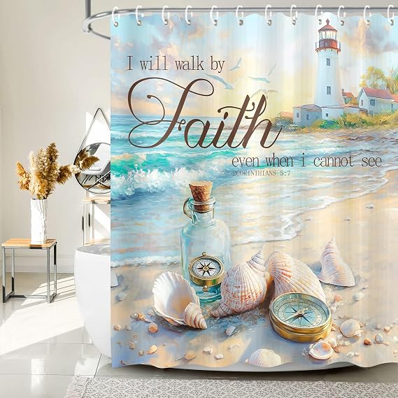 Beach Ocean Shower Curtain, Bible Verse Quotes Inspirational Bath Curtains, Nautical Coastal Christian Scripture Starfish Seashells Fabric Decor Shower Curtains for Bathroom Sets with 12 Hooks, 72X72