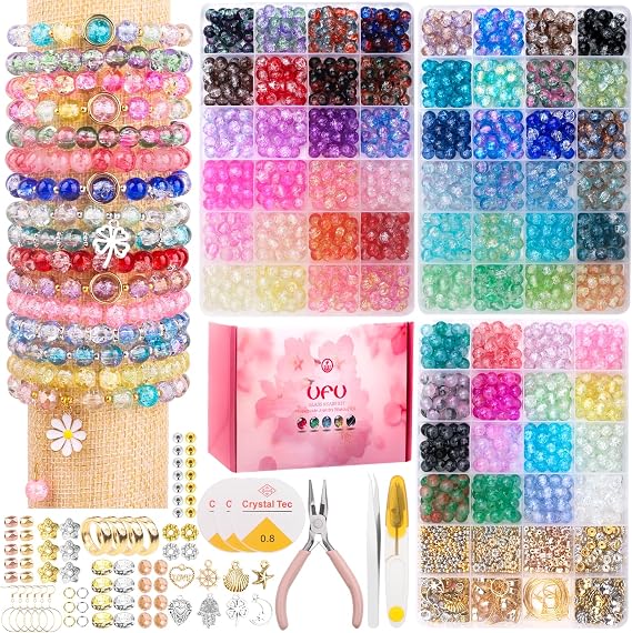 UFU 8mm Glass Beads Bracelet Making Kit, 1540+ Pcs 64 Colors Crackle Glass Beads for Jewelry Making, Round Crystal Beads for Bracelets Necklace Earrings DIY Crafts Gifts