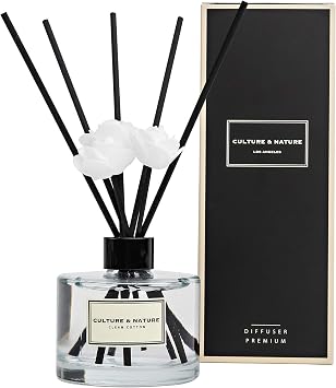 CULTURE & NATURE Reed Diffuser Set 6.7oz 200ml Clean Cotton Scented Diffuser with Sticks Home Fragrance Reed Diffuser for Bathroom Shelf Decor