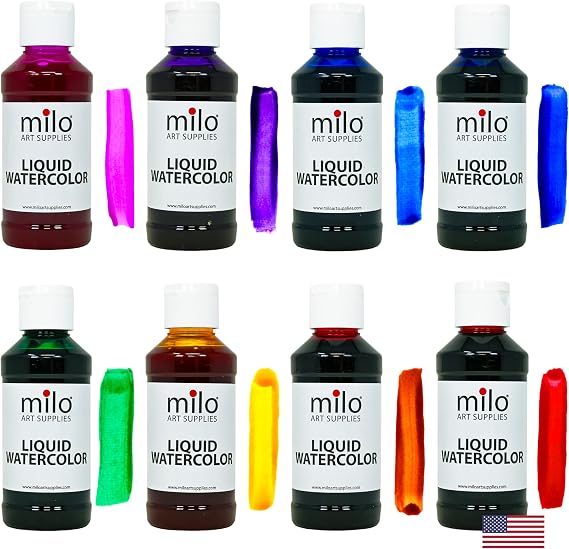 milo Liquid Watercolor Paint Set, 8 Primary Colors, 4 oz Bottles