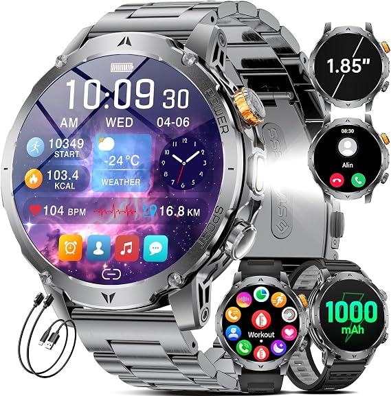 LIGE Military Smart Watch for Men, 1000mAh Battery, LED Flashlight/1.85'' HD Smartwatch, 100 Sports Modes, IP68 Waterproof Fitness Tracker, 3 Bands, USB & Type-C Charger for Android iOS, Dark Grey