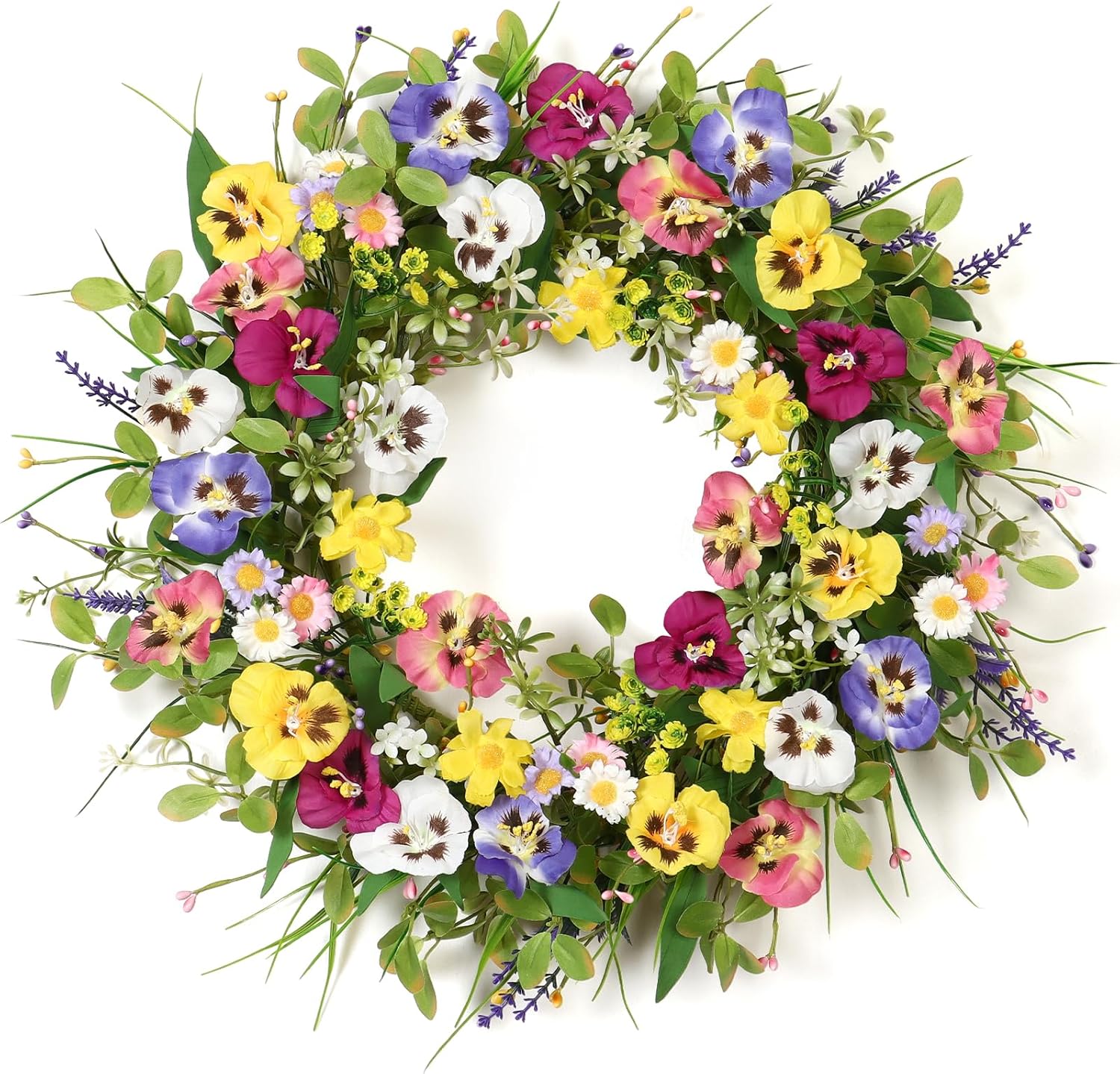 Artificial Wreaths for Front Door 20 Inch Artificial Flower Pansy Wreath with Green Leaves Daisy Lavender Fern Wreaths Silk Fall Door Wreath for Farmhouse Outdoor Festival Wall Decor