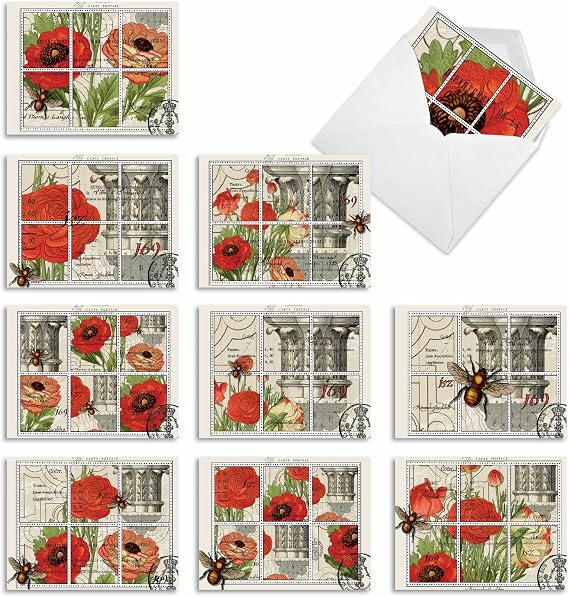 The Best Card Company - 10 Retro Blank Cards with Envelopes 4 x 5.12 Inch - Artistic Boxed Assortment, Vintage Note Cards - Whats the Buzz M3983
