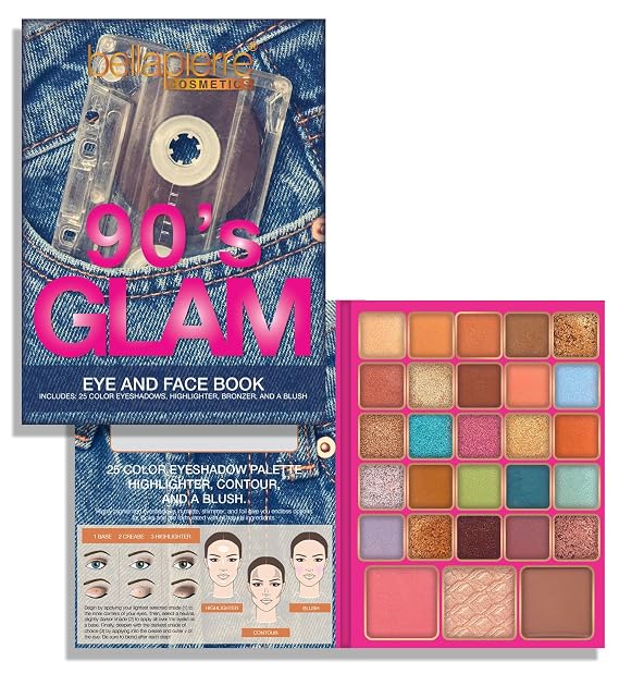 Bellapierre 90s Glam Face & Eye Book Palette | 25 Eyeshadow Shades with Blush, Bronzer, Highlighter | Non-Toxic & Paraben Free | Vegan & Cruelty-Free