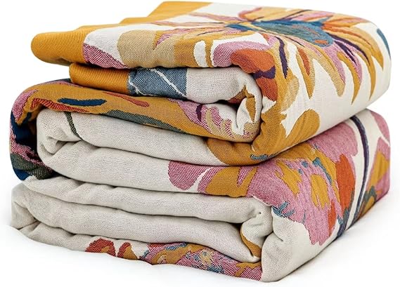 MSGKV Boho Throw Blanket 60"x80" 100% Cotton for Couch Bed, Summer Quilt | 100% Cotton Throw, Summer Blanket, Breathable Lightweight, Farmhouse Home Decor, Soft Comfort, Picnic Blanket