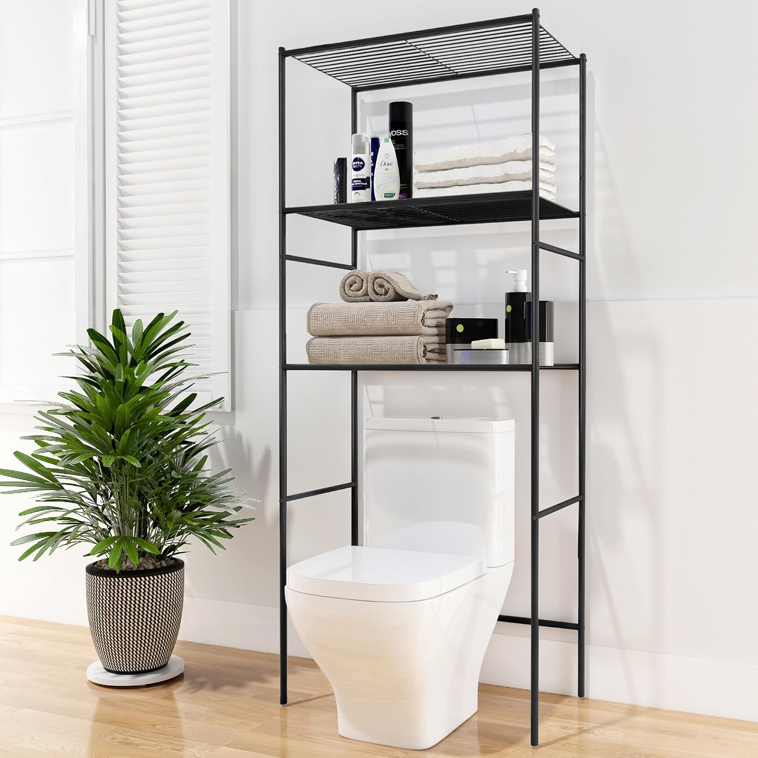 Over The Toilet Storage, 3-Tier Bathroom Organizer Shelf, Freestanding Space Saver, Toilet Stand, with Anti-Tip Kit, Waterproof Feet Pads, for Bathroom, Laundry, Black