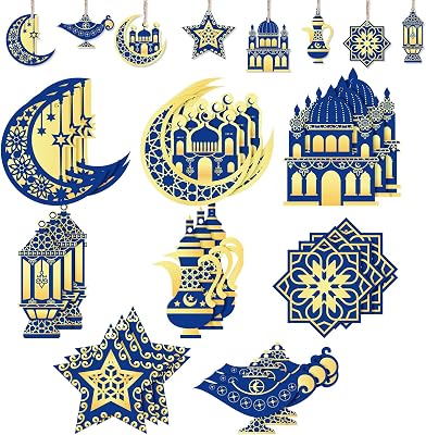 24 Pcs Ramadan Ornaments Wooden Eid Mubarak Ornaments Ramadan Mubarak Eid Decorations Eid Al Fitr Wall Decoration Moon Star Hanging Christmas Ornament Wishes Craft for Tree Rmandan Kareem, 8 Styles