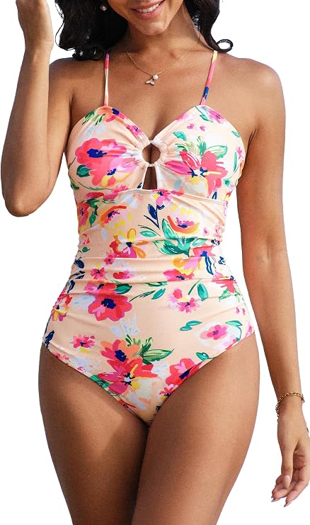 Beachsissi Women Floral Print One Piece Swimwear Sexy Cutout Design Ruched Bathing Suit