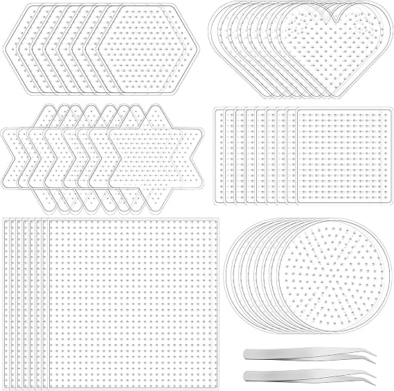 50Pcs 5mm Fuse Beads Pegboards, Plastic Large Beads Boards with 2 Tweezers Clear Bead Pegboards for DIY Craft Bead Projects (6 Shapes)