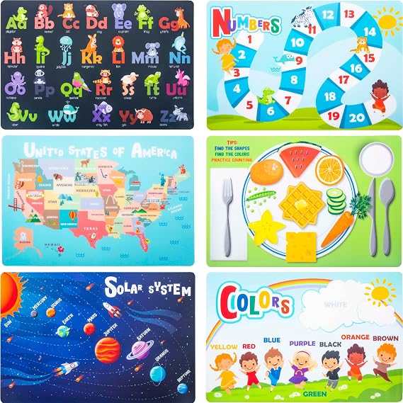 Hapinest 6 Pack Reusable Non Slip Educational Placemats for Kids & Toddlers, Learning Mat with Alphabet Numbers & US Map