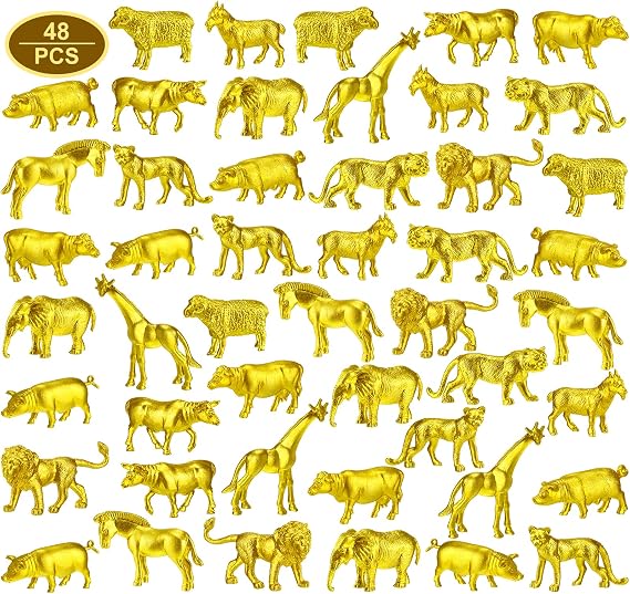 48 Pcs Metallic Gold Plastic Animal Figurines Toys Safari Animal Figurines Zoo Elephant Lion Jungle Wild Mini Decor for Baby Shower Theme Birthday Party Cake Topper Decoration