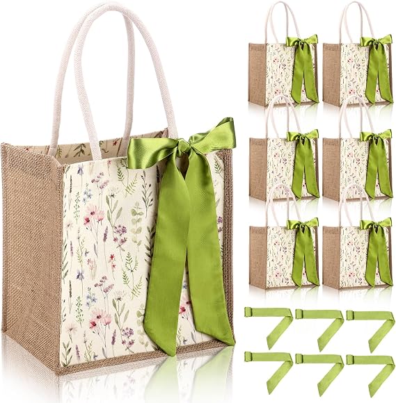 Paterr Burlap Tote Bag Wildflower with Silk Ribbon Handle