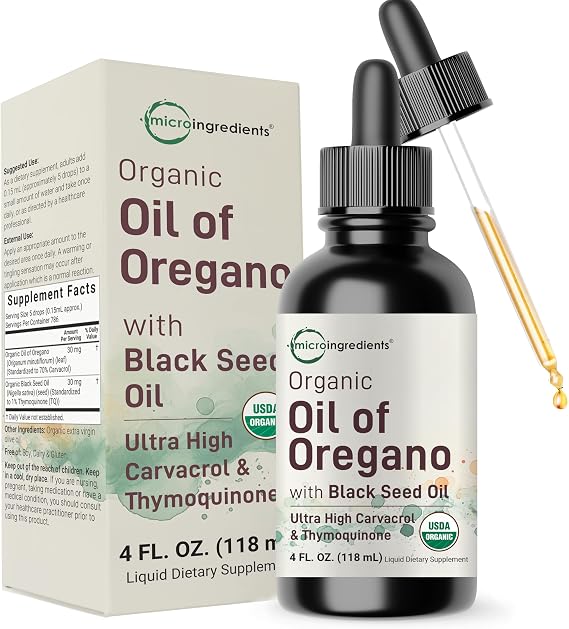 Organic Oil of Oregano with Black Seed Oil, 4 fl oz | 2 Year Supply | High Potency Liquid Drops with Carvacrol & Thymoquinone | Natural Herbal Supplement | Vegan, Plant Based, Non-GMO