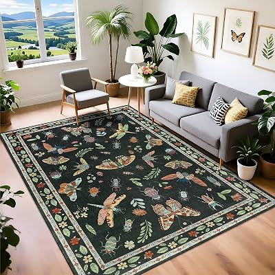famibay Insect Black Area Rug 5x8, Washable Rugs for Living Room Floral Non Shedding Dining Room Rug, Stain Resistant Faux Wool Carpet for Living Room BedroomDistressed Black