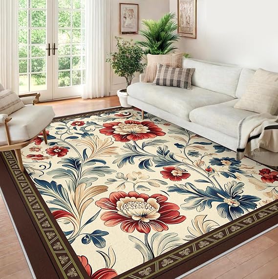 2x4 Area Rugs for Living Room Machine Washable Area Rug Boho Faux Wool Low Pile Rug for Bedroom William Morris Red Peony & Blue Leaf Rugs with Non Slip Rubber Kid & Pet Friendly