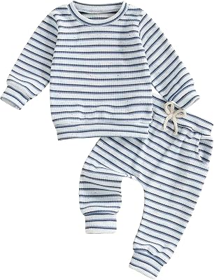 VISGOGO Baby Boy Clothes Toddler Fall Winter Outfit Sweater Toddler Boy Striped Clothes 6 12 18 Months 2 3T 4T Pant Set