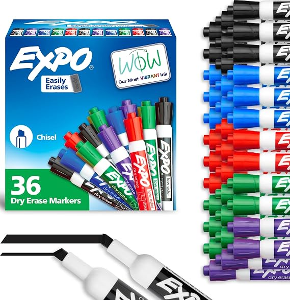 EXPO Dry Erase Markers, Low Odor Ink, Assorted Colors, Chisel Tip, 36 Count