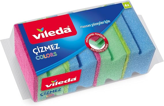 Vileda 169750 Colors Bootless Sponge 4-Piece Corrugated, Green-Blue-Pink