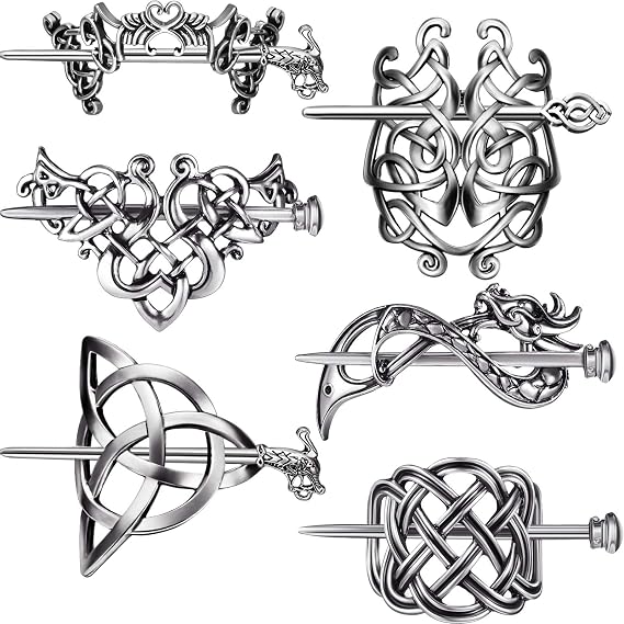 Chuangdi 6 Pcs Viking Hair Accessories Silver Celtic Hair Slide Hairpins Knot Stick Vintage Metal Barrette Minimalist Jewelry Style for Women Girls Ladies