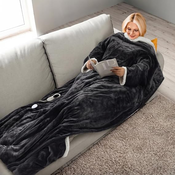 PASAMIC Wearable Heated Blanket with Foot Pocket, Electric Wearable Throw Blanket with Sleeves, 10 Heat Settings & 2-8H Auto Shut-Off, 9ft Power Cord, Flannel & Sherpa, 50"x70"+18", Dark Grey